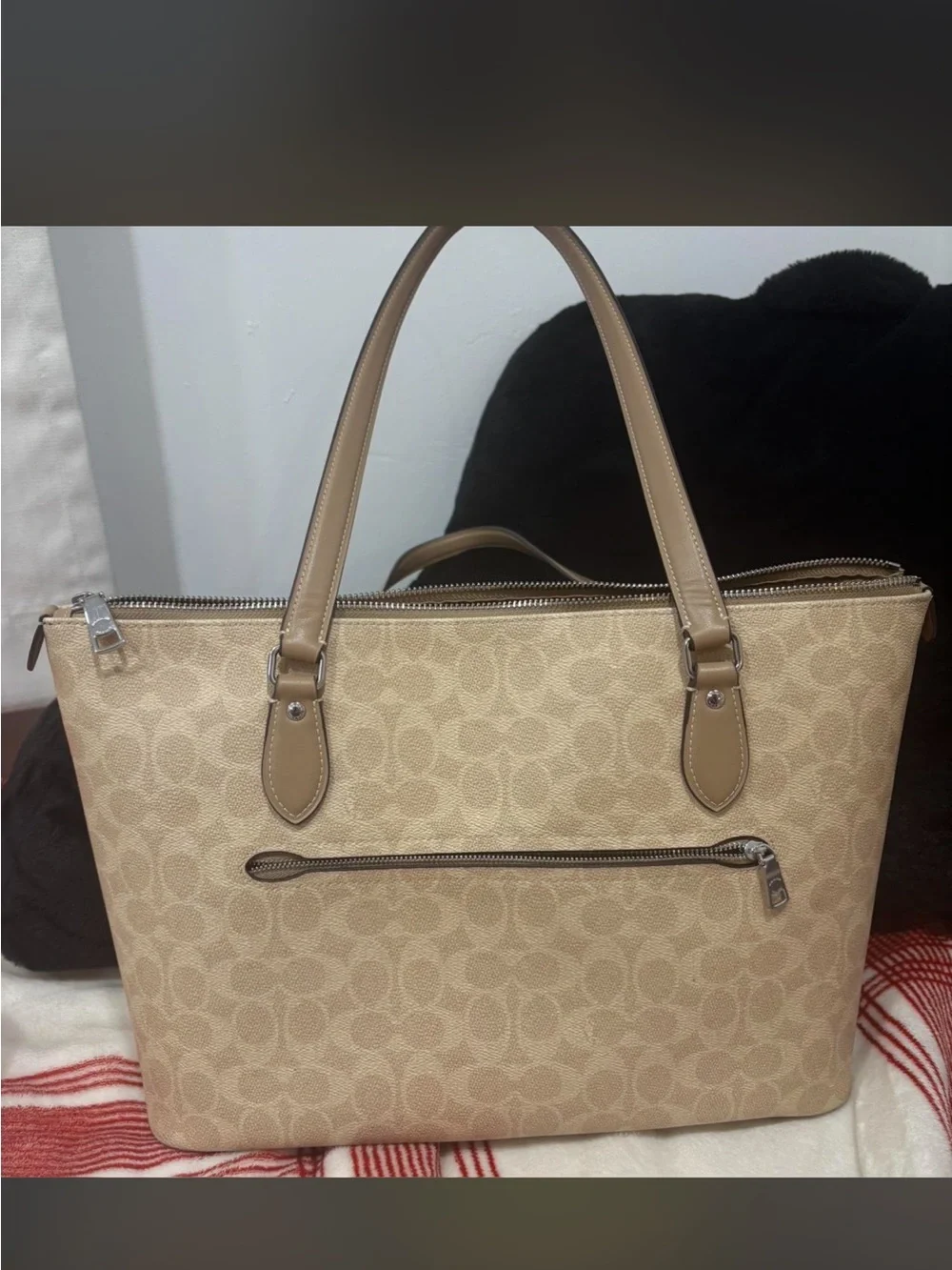 Coach Beige Signature Canvas Tote with Tan Leather Trim
